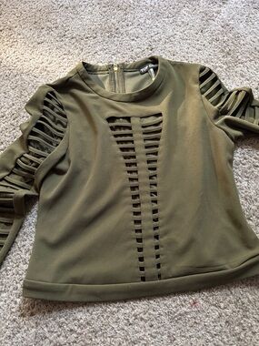 Topshop Olive Cutout Ladder-Detail Long Sleeve Top